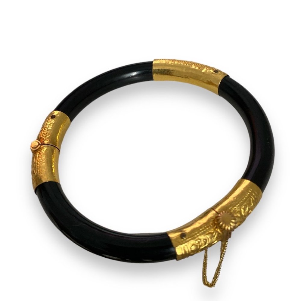 Vintage 24K Gold Chinese Black Coral Bangle Bracelet